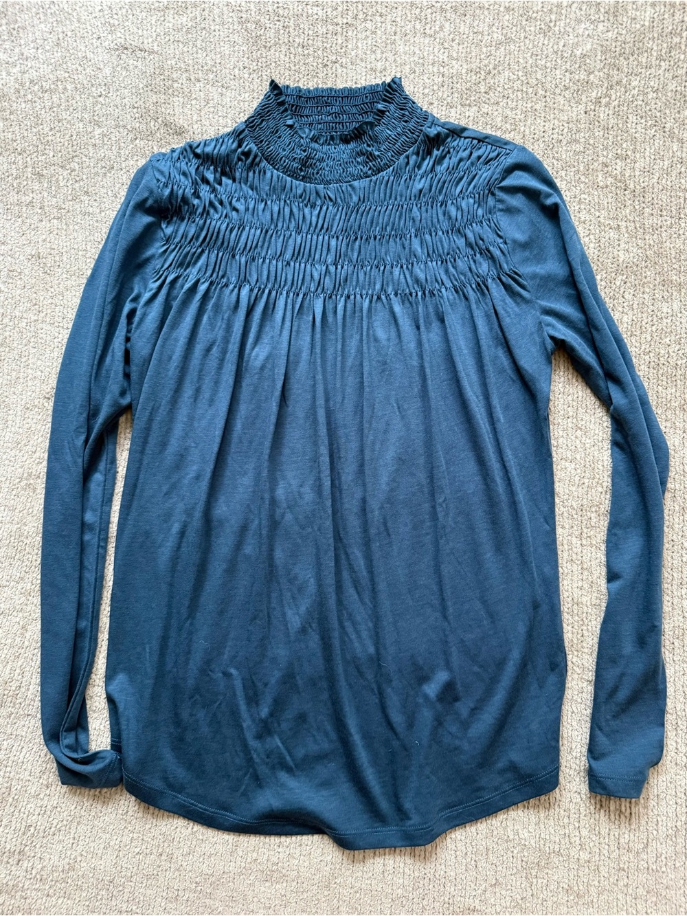 Sundance XS Blue Smocked Mock Neck Long Sleeve Lyocell Cotton Tunic Top